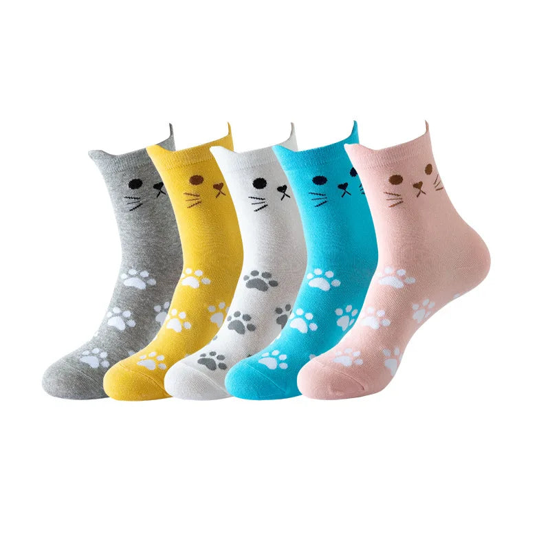 5 pares de calcetines divertidos para mujer, calcetines kawaii lindos 3D de algodón con dibujos animados, cómodos, con estampado de gato, lunares y rayas, estilo casual y moderno coreano. Regalos.