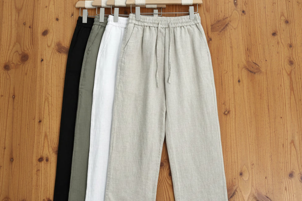 Pantalones de lino puro de alta gama para hombre / holgados, de pierna recta, informales