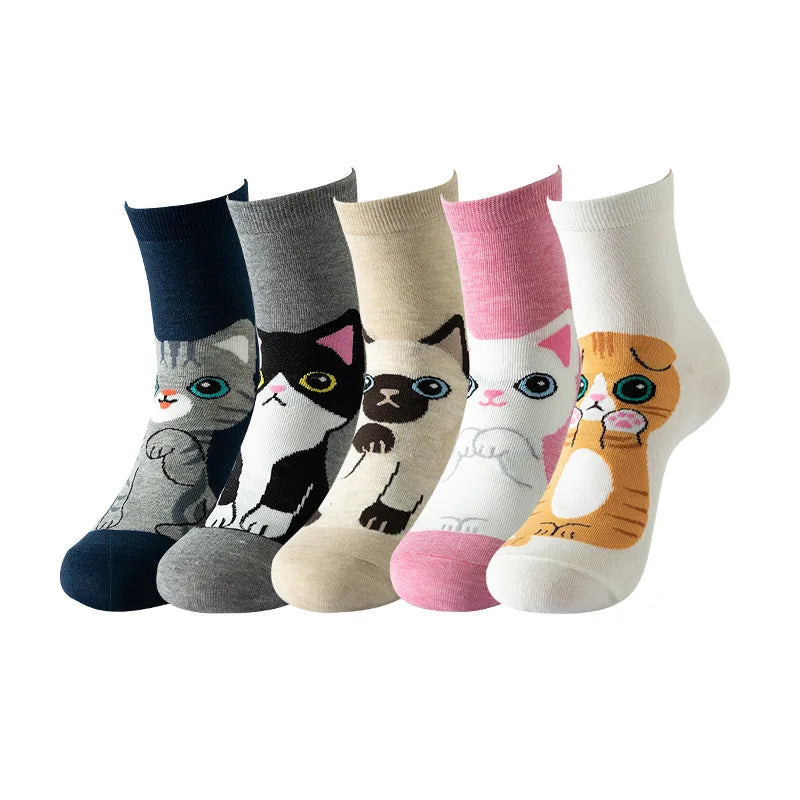 5 pares de calcetines divertidos para mujer, calcetines kawaii lindos 3D de algodón con dibujos animados, cómodos, con estampado de gato, lunares y rayas, estilo casual y moderno coreano. Regalos.