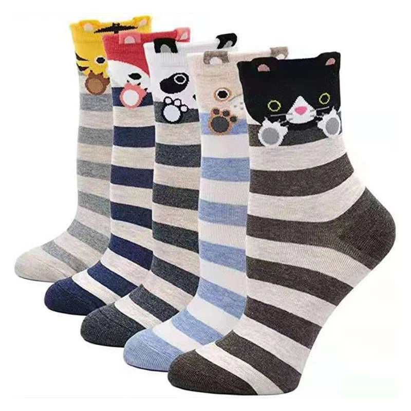 5 pares de calcetines divertidos para mujer, calcetines kawaii lindos 3D de algodón con dibujos animados, cómodos, con estampado de gato, lunares y rayas, estilo casual y moderno coreano. Regalos.