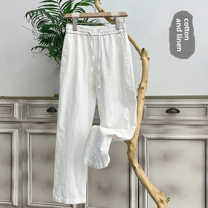 Pantalones de lino puro de alta gama para hombre / holgados, de pierna recta, informales