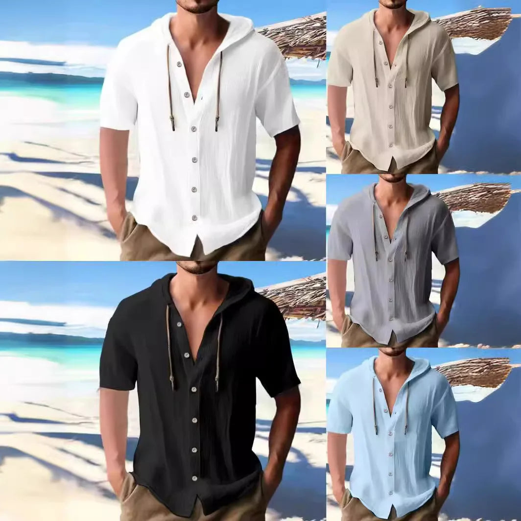 Camisas holgadas de un solo pecho con capucha de manga corta / informales de color sólido